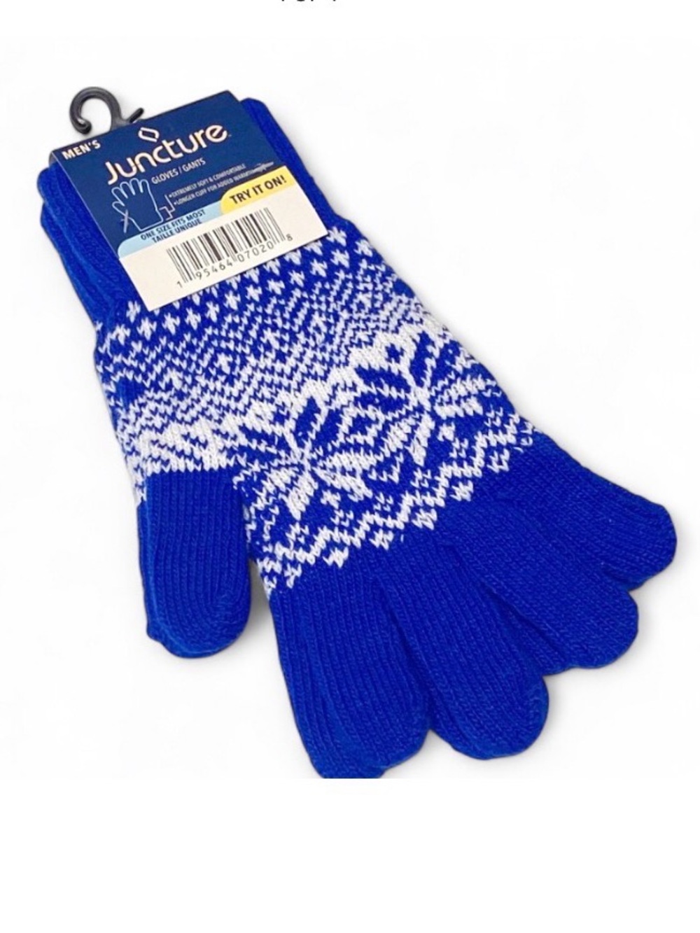 Juncture Men’s Winter Gloves Royal Blue White Snowflake Soft Knit One Size